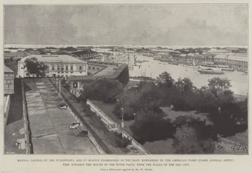 Manila, Hauptstadt der Philippinen und Spaniens Besitzungen im Osten, bombardiert von der amerikanischen Flotte unter Admiral Dewey, Blick auf die Mündung des Pasig-Flusses von den Mauern der alten Stadt